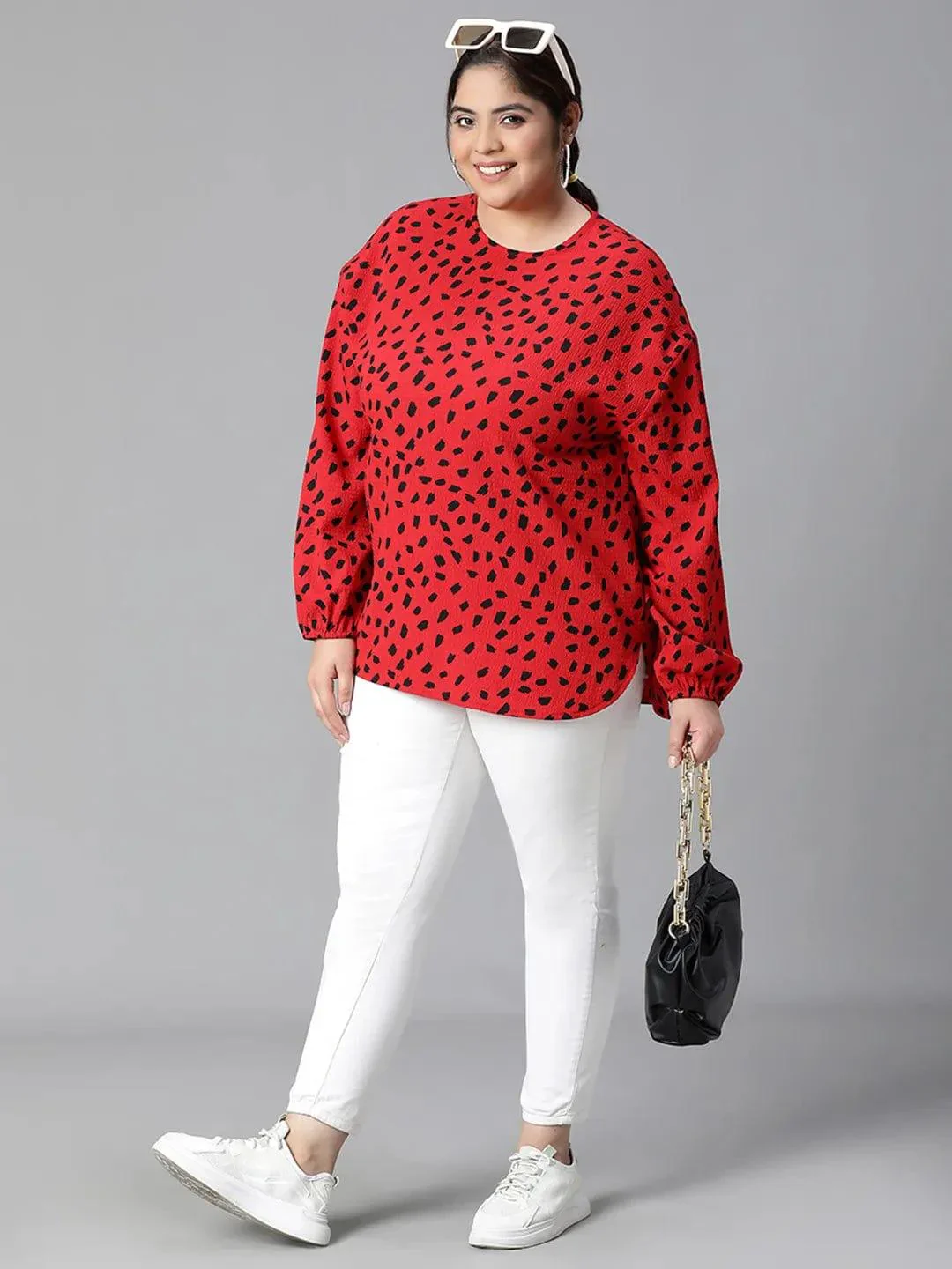 Fascinated Red Animal Print Long Sleeve Plus Size Women Loopy Top - Image 8