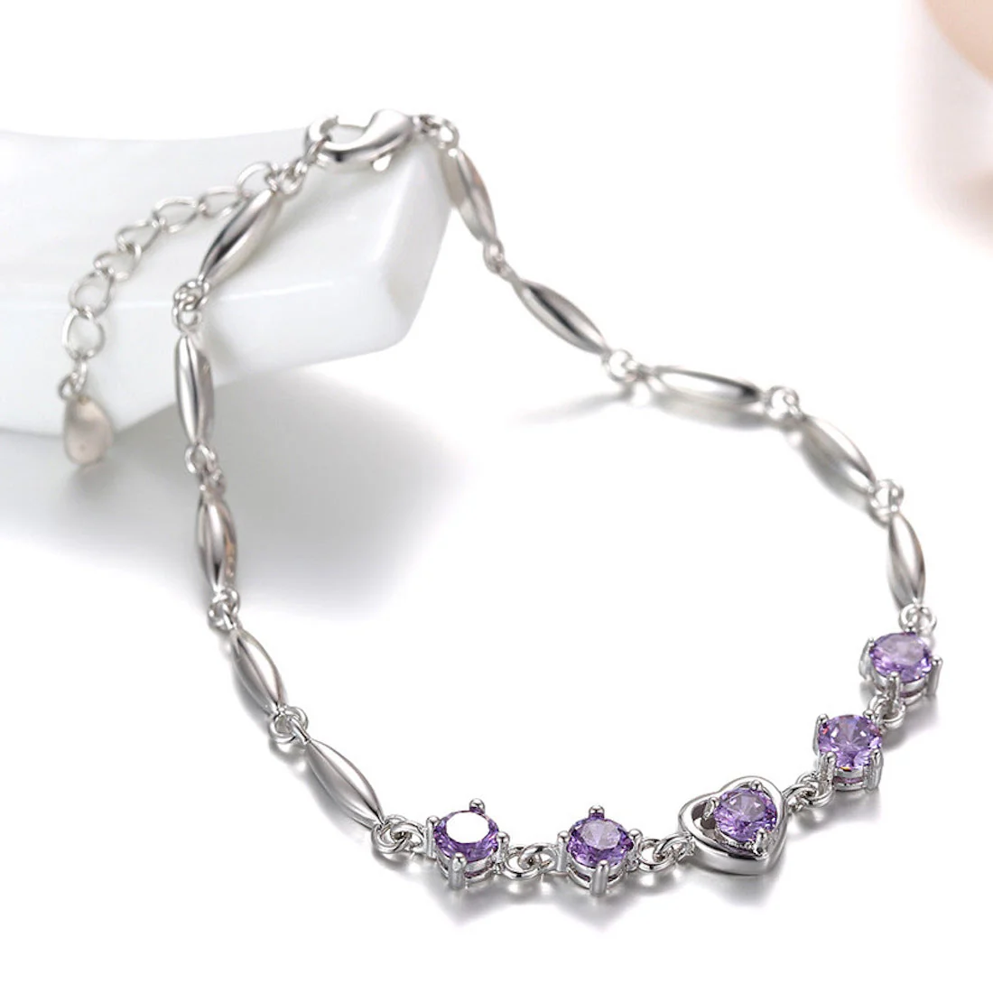 Fashion Lovely Heart Silver Plated Valentine Gift Crystal Bracelet (Purple) - Image 3