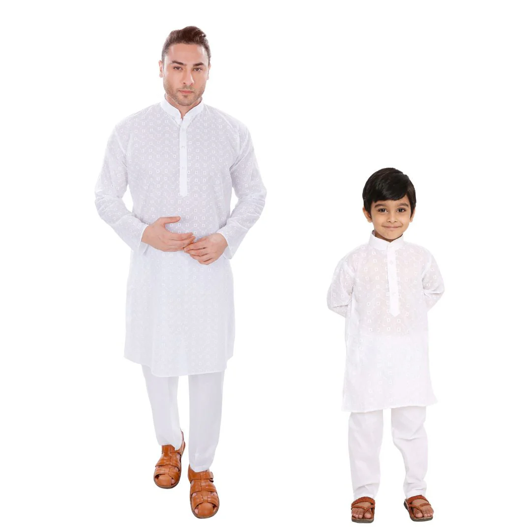 Father & Son Chikankari Kurta & Pyjama Set in White - Image 76