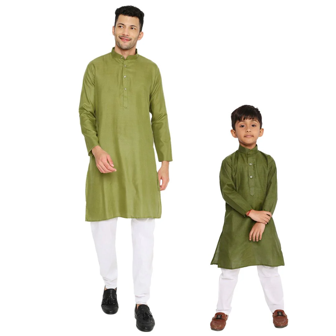 Father & Son Magic Cotton Kurta Set in Olive Green - Image 203