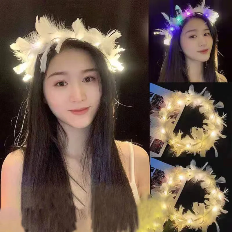 Feather LED Tiara Crown Headband Glowing Flower Wreath 3 pcs/set - Image 6