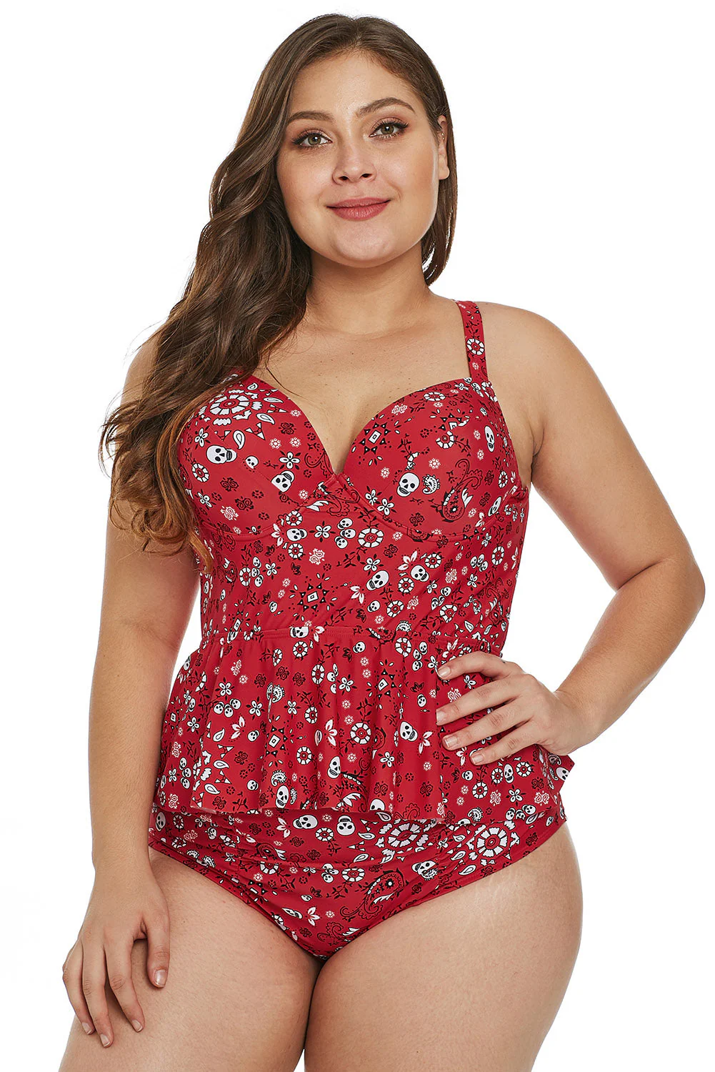 Fiery Red Print Molded Cup Peplum Plus Size Bikini - Image 2