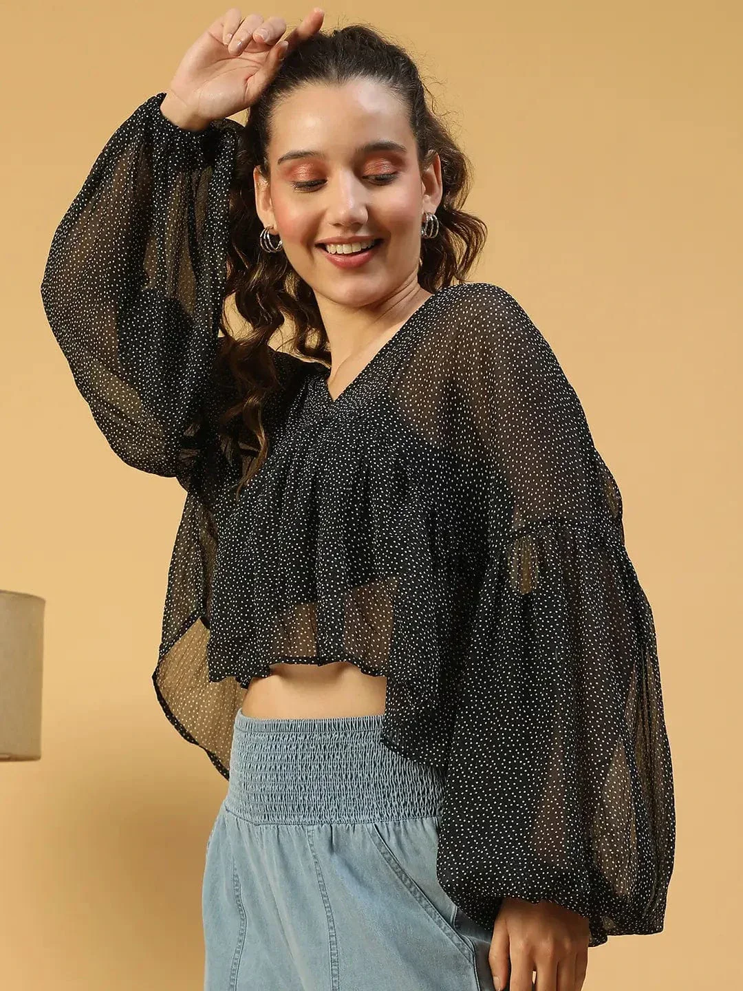 Fine Black Polka Dot Print With  Long Extended Baggy Sleeve Women Chiffon Top - Image 3