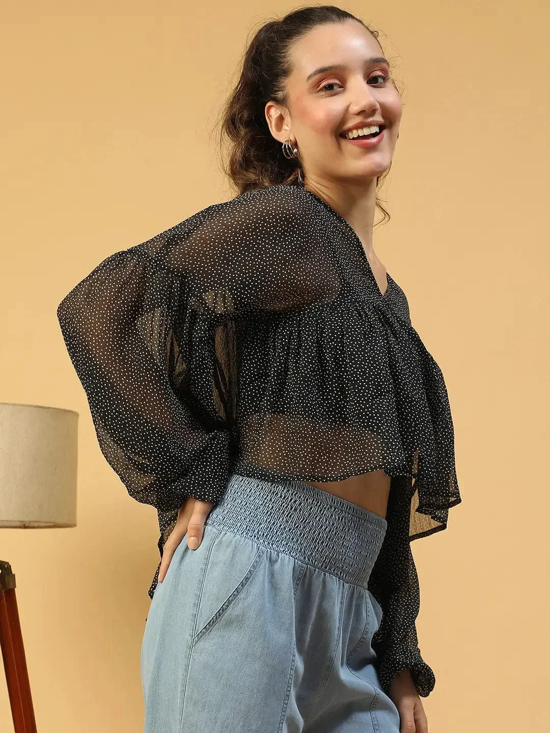 Fine Black Polka Dot Print With  Long Extended Baggy Sleeve Women Chiffon Top - Image 4