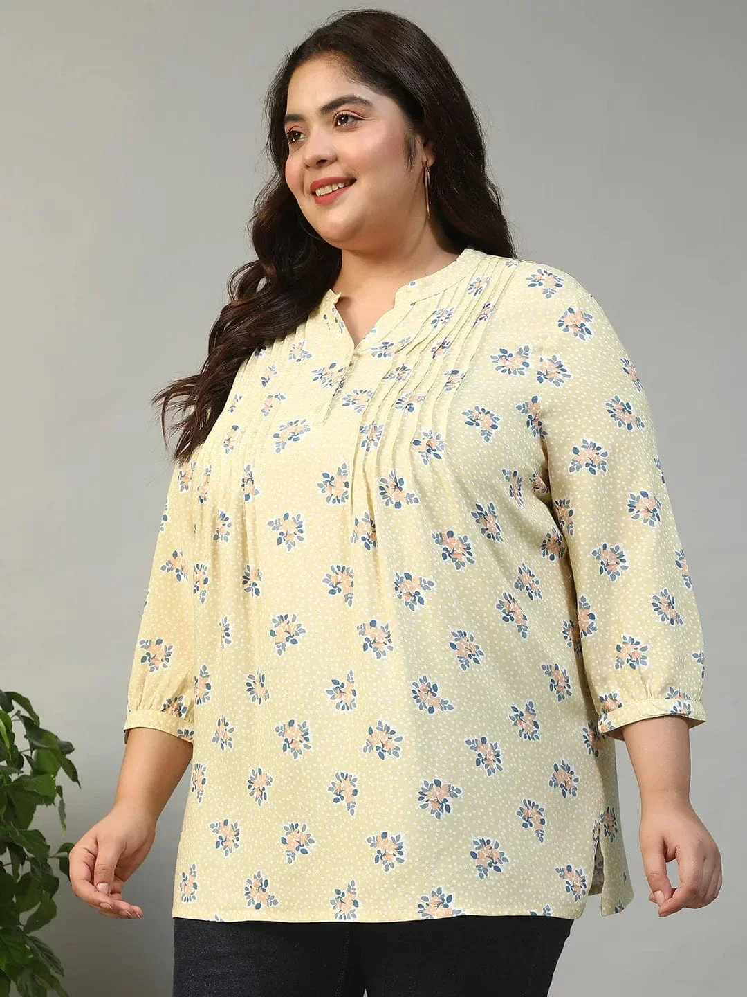 Finesse Yellow Floral Rayon Print Women Plus Size Women Top With Button Front, Pleated Details, And Long Sleeves. - Image 3