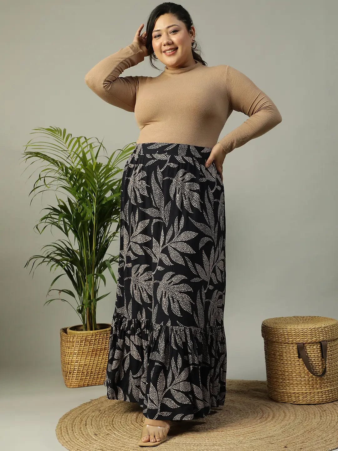 First Black Tropical rayon Print Elasticated Frill Detailed  Long Flare Plus Size Skirt - Image 2