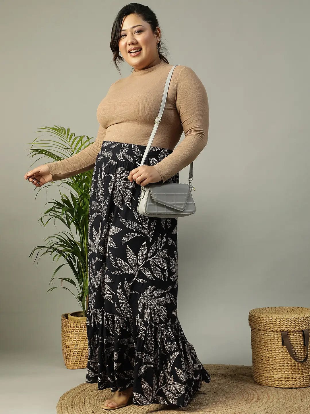 First Black Tropical rayon Print Elasticated Frill Detailed  Long Flare Plus Size Skirt - Image 8