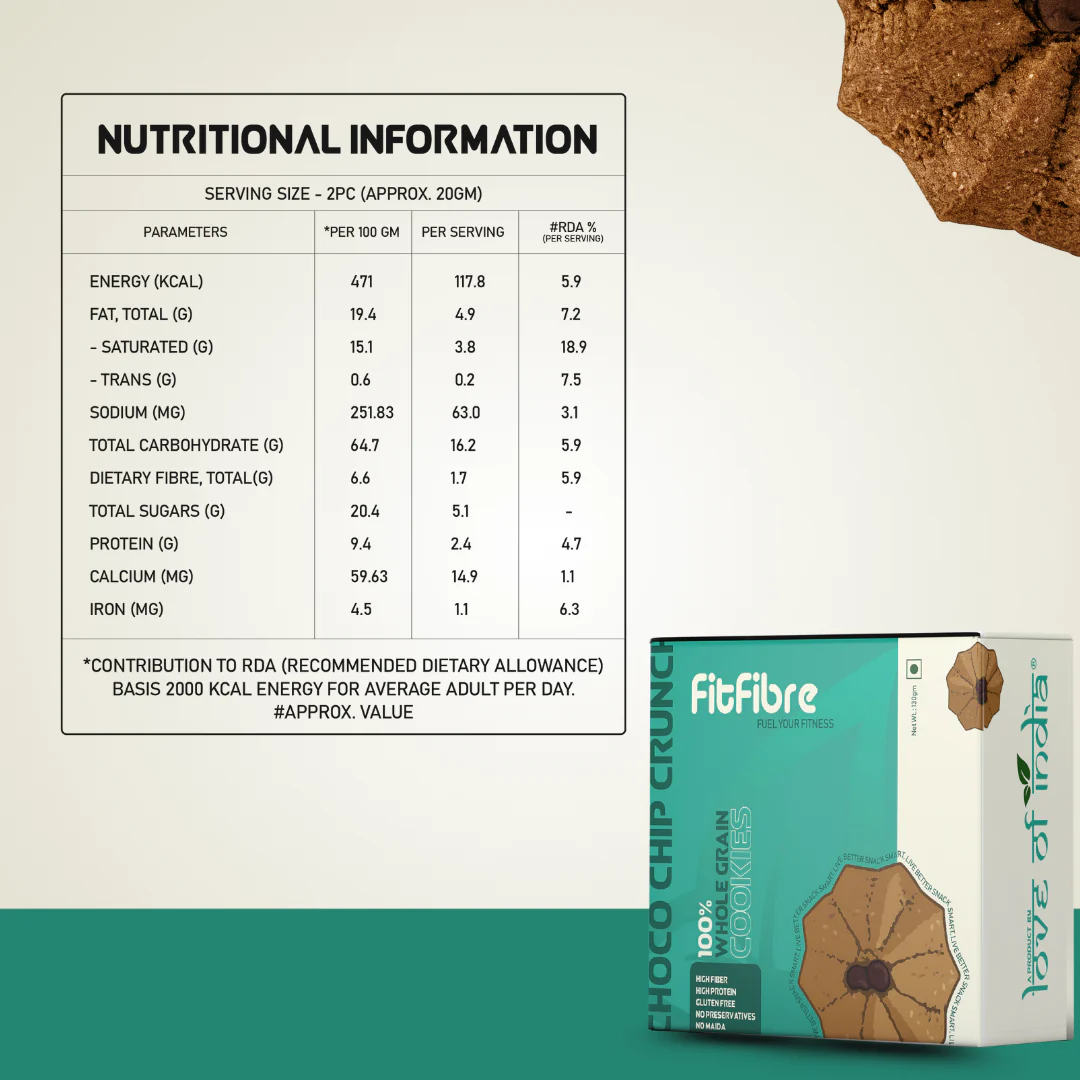 FitFibre Choco Chip Crunch Cookies | Gluten Free | No Maida | High Protein Snack - 130gm - Image 4