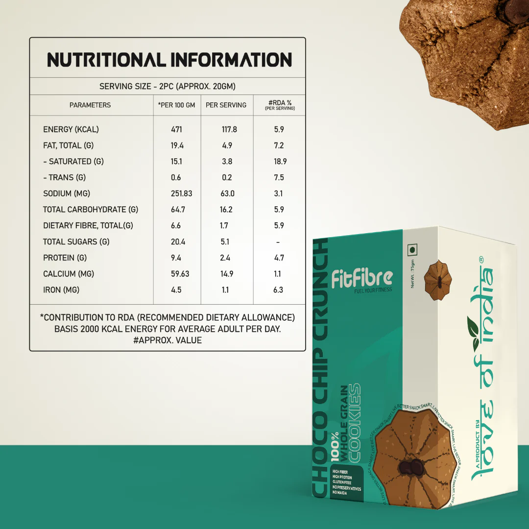 FitFibre Choco Chip Crunch Cookies | Gluten Free | No Maida | High Protein Snack - 75gm - Image 4