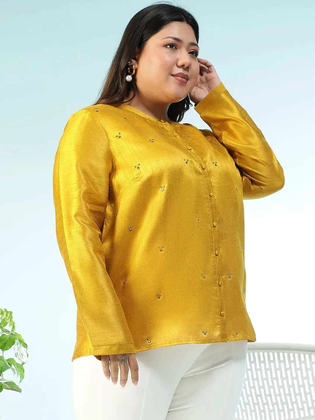 Fitspo Solid Mustard Long Sleeve Embelished Detail Button Down Plus Size Women  Silk Shirt - Image 4