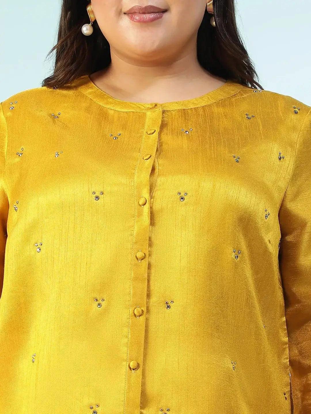 Fitspo Solid Mustard Long Sleeve Embelished Detail Button Down Plus Size Women  Silk Shirt - Image 6