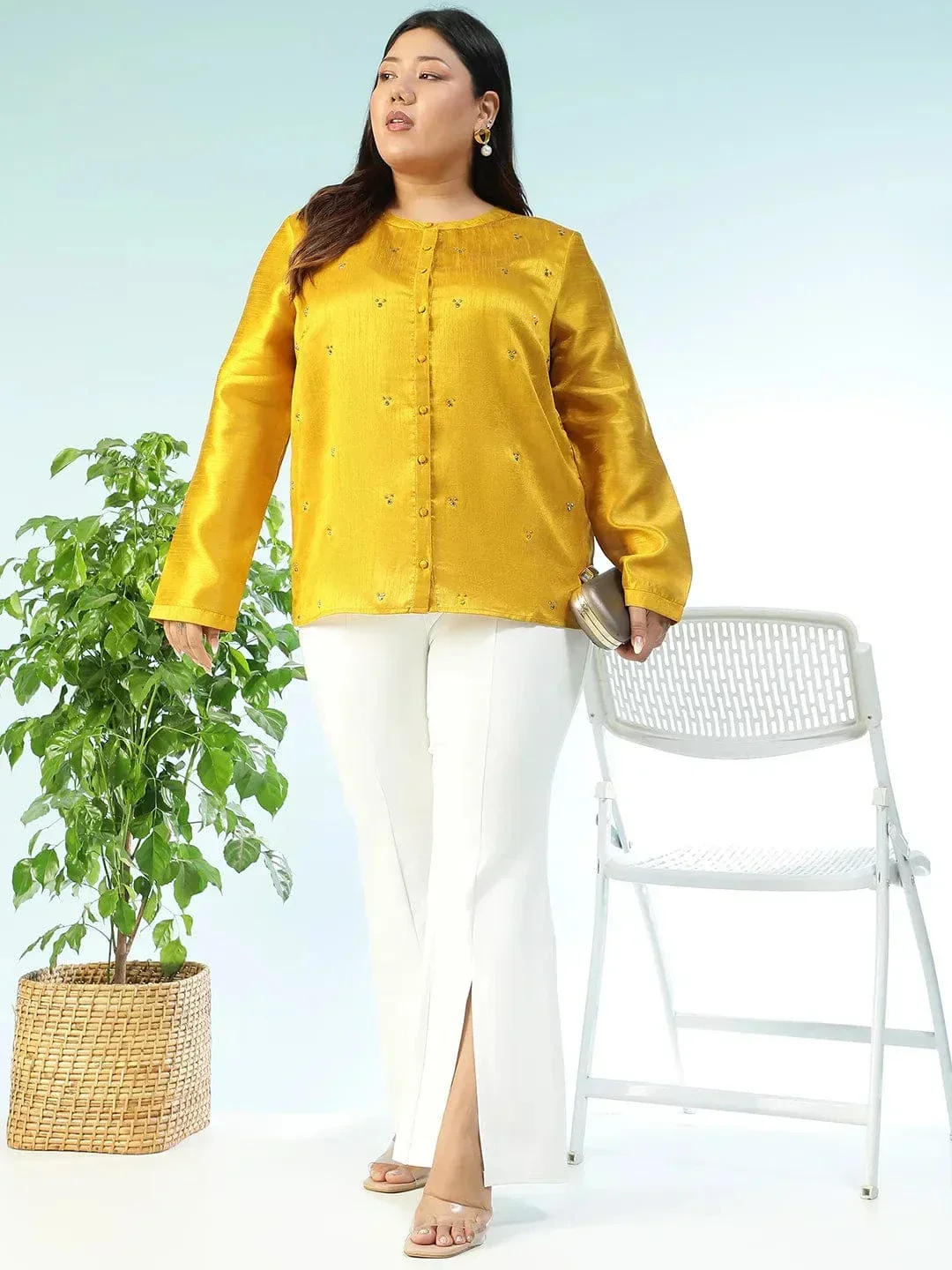 Fitspo Solid Mustard Long Sleeve Embelished Detail Button Down Plus Size Women  Silk Shirt - Image 8