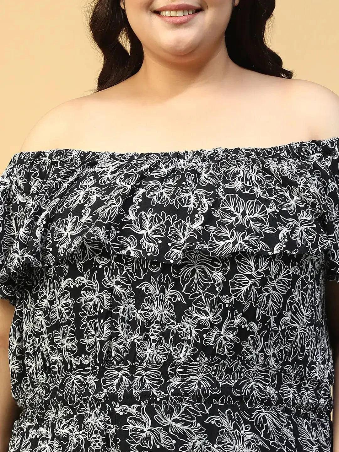 Flair Black Floral Print Elasticated Off - Shoulder Plus Size Beachwear Playsuit - Image 7