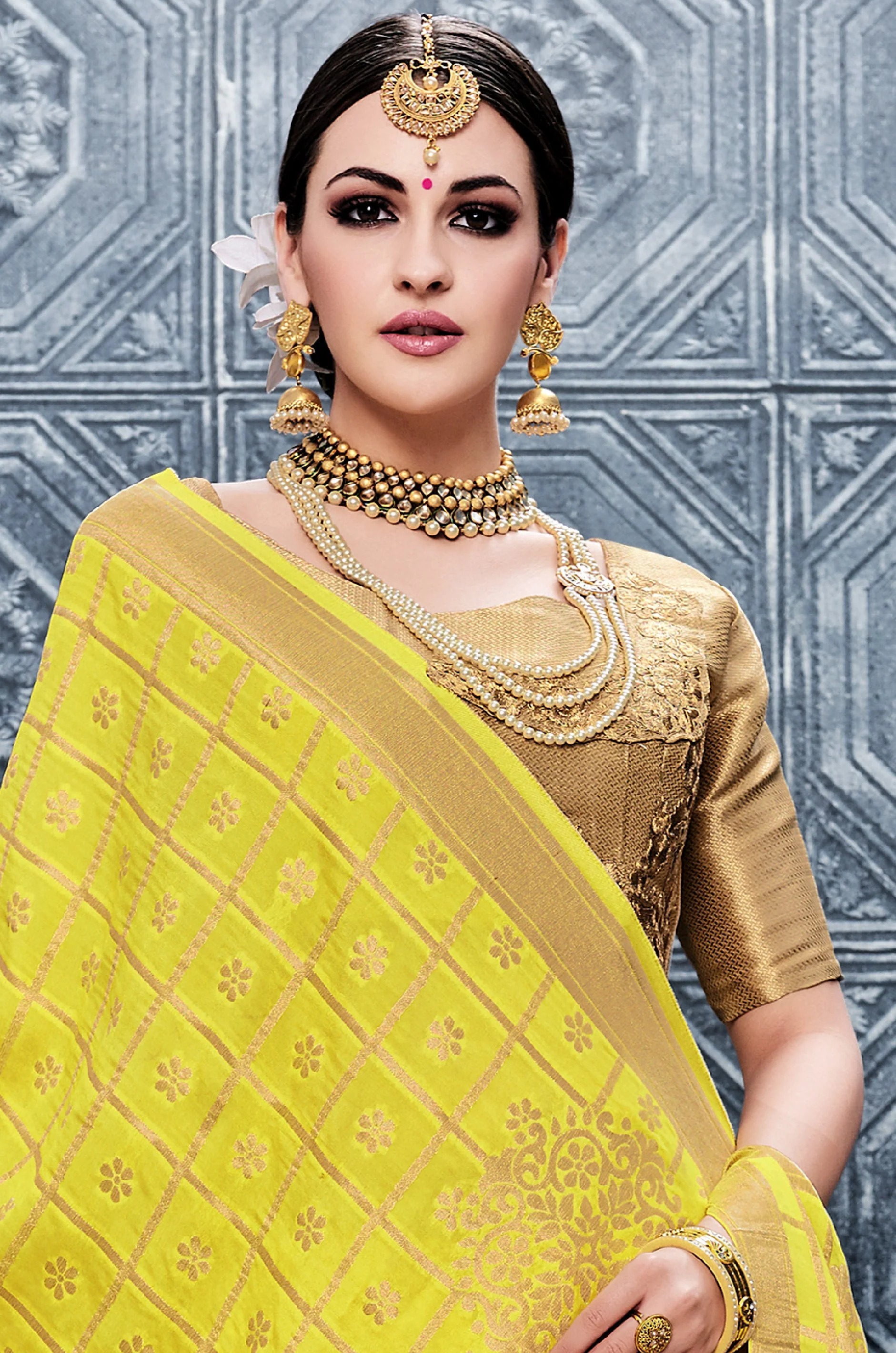 Flame Yellow Banarasi Lehenga With Designer Blouse And Dupatta - Image 4