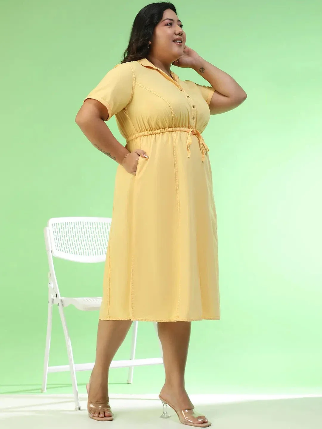 Flawless Yellow Collared Short Sleeve Elasticated Tie-Up Detail Button Down Plus Size Women Cotton Dress - Image 4