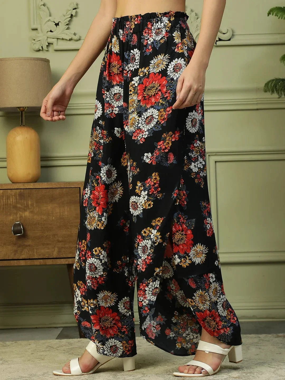 Flazy Black Floral Print Elasticated Flared High Low style Women Long Pant - Image 3