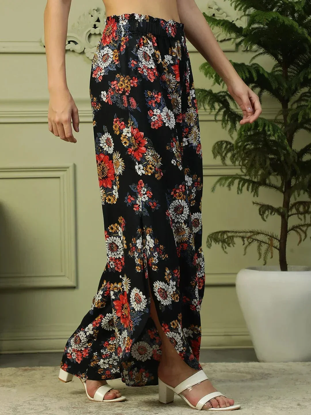 Flazy Black Floral Print Elasticated Flared High Low style Women Long Pant - Image 4