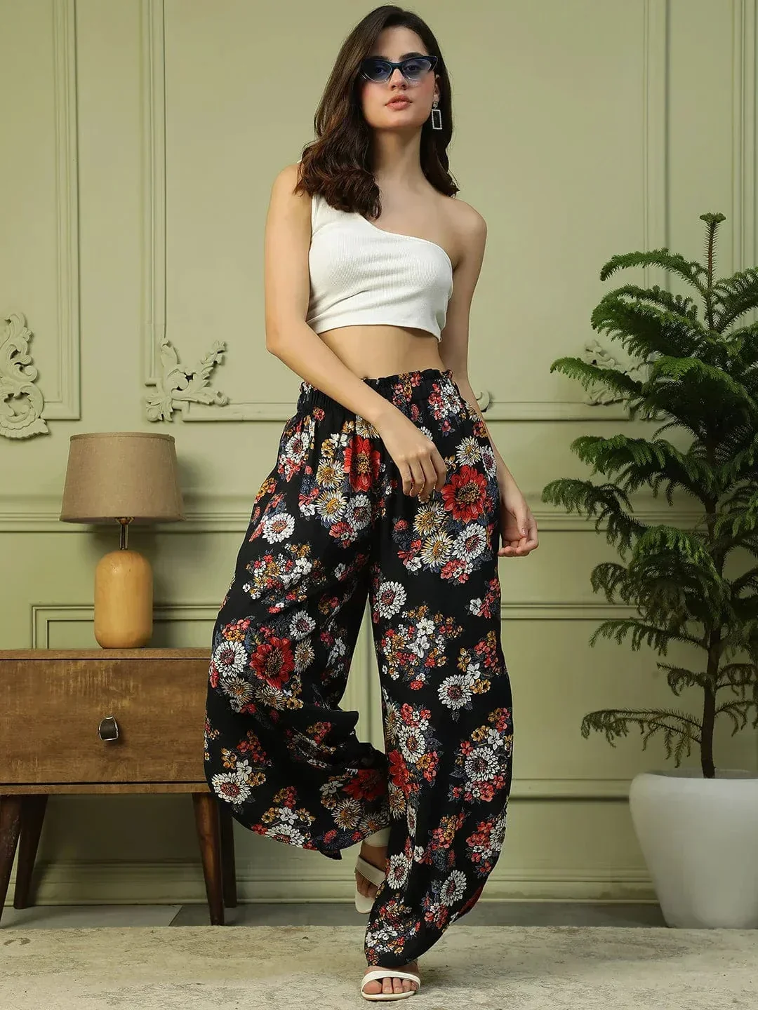 Flazy Black Floral Print Elasticated Flared High Low style Women Long Pant - Image 7