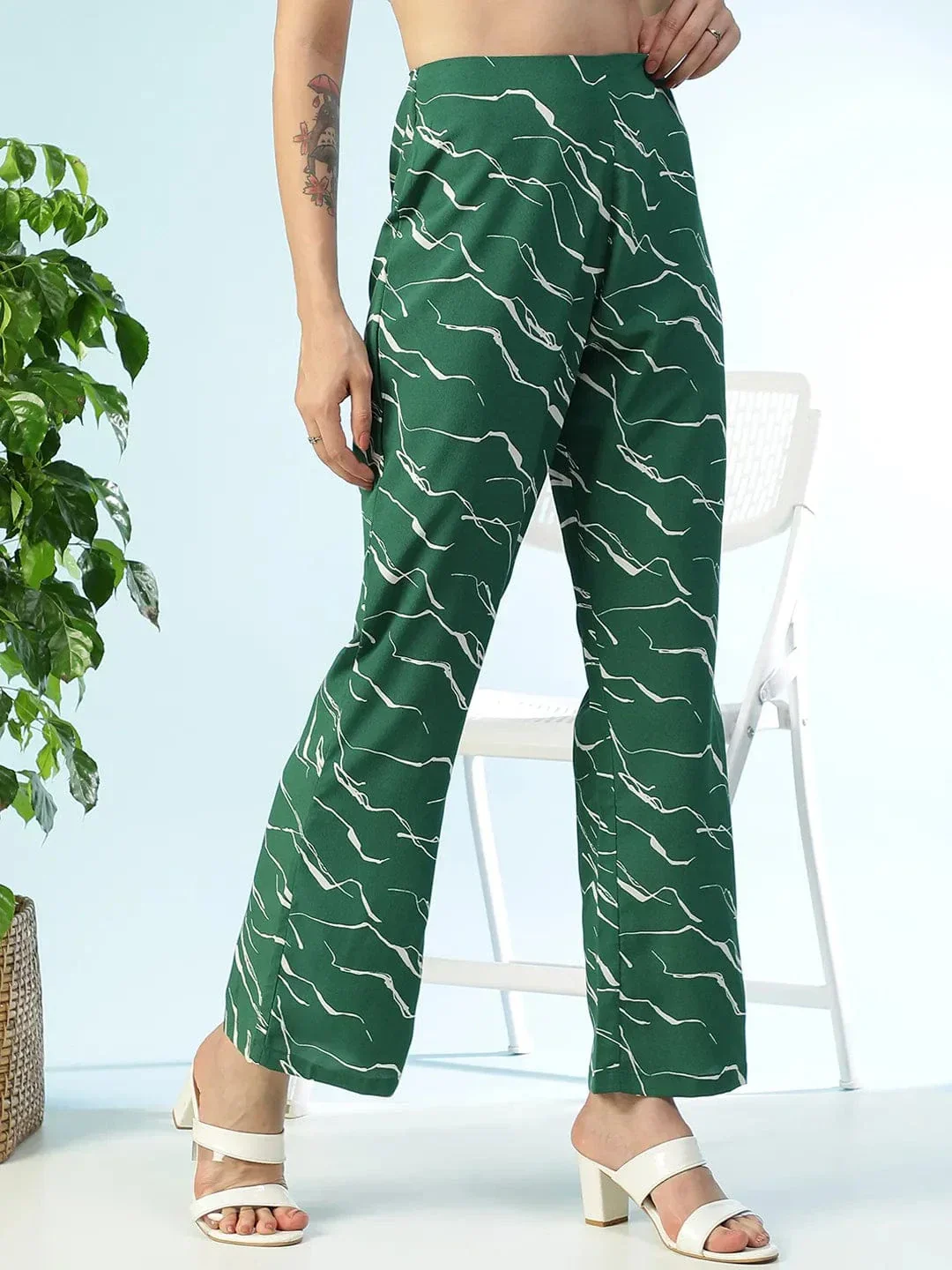 Flexette Green Abstract Print Elastiacted Women Flare Pant - Image 4