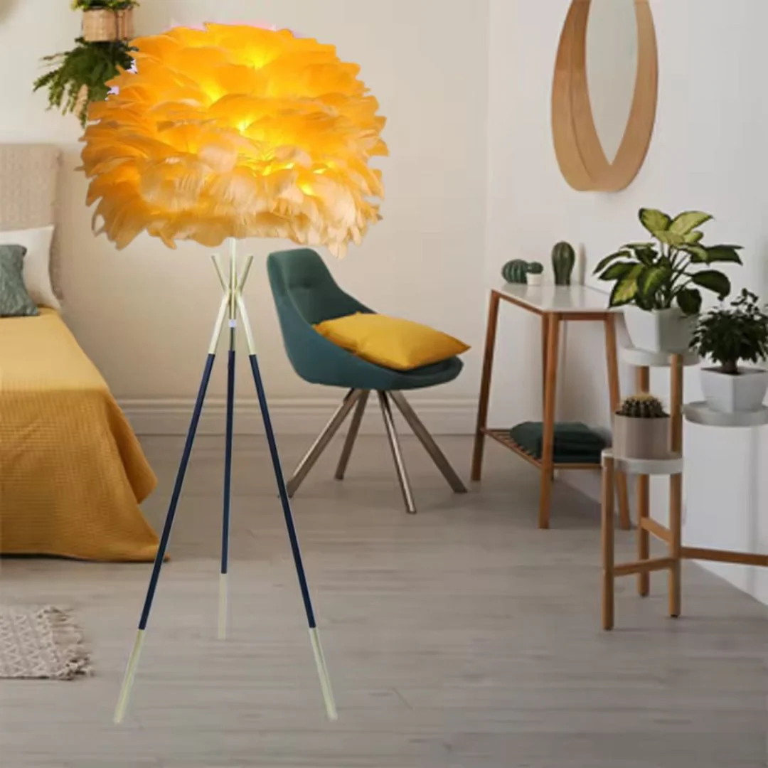 Floor Lamp Metal with Shelves Tripod with Suspended Feather Lamp shade - Image 2