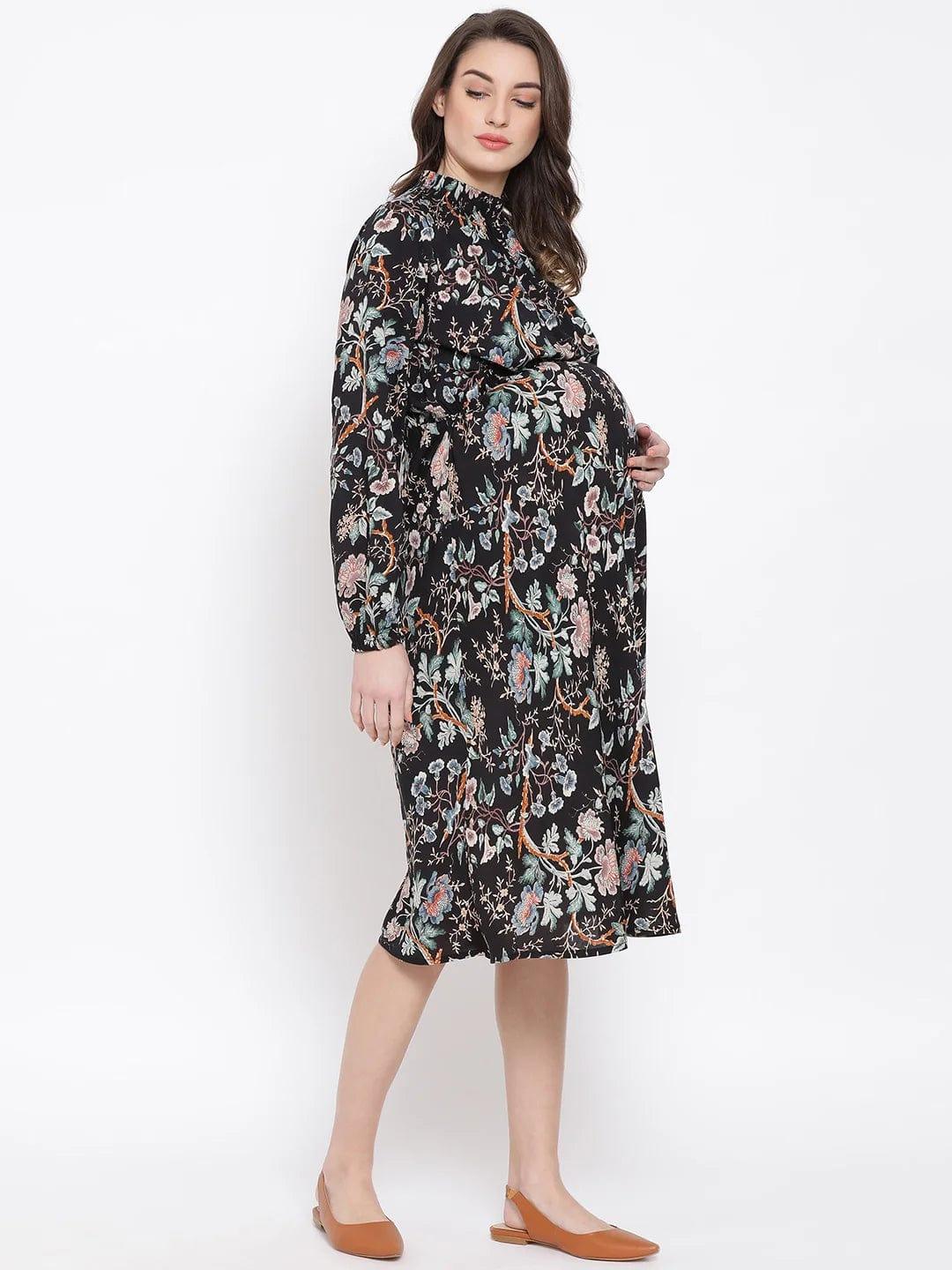 Floral Doctorial Caution Midi Maternity Dress For Expecting Moms - Image 3