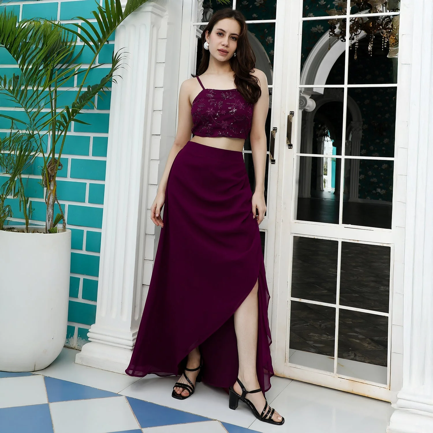 Floral-Embroidery Draped Co-Ord Set - Image 4