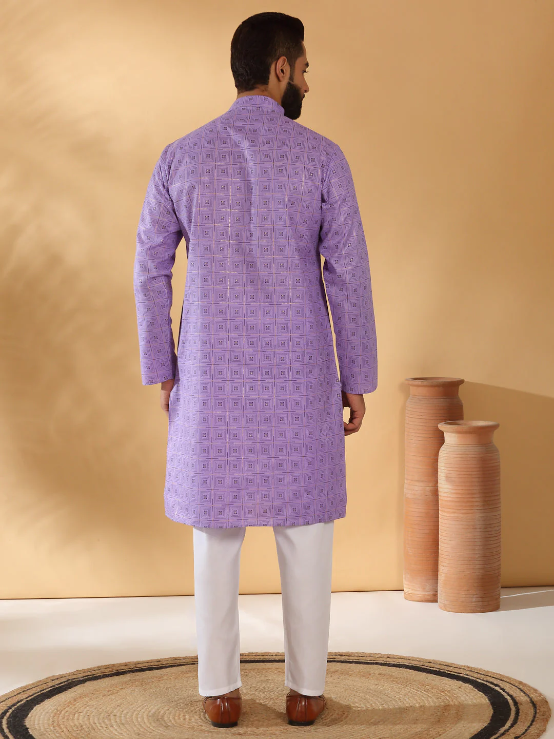 Floral Printed Geometric Cotton Blend Straight Kurta With White Elastic Waistband Pyjama Set - Image 14