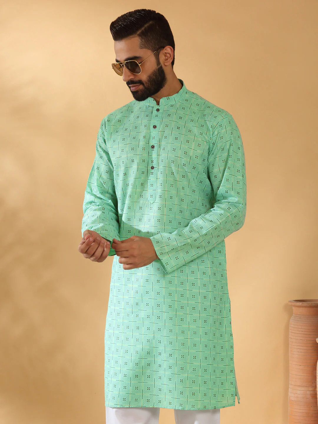 Floral Printed Geometric Cotton Blend Straight Kurta With White Elastic Waistband Pyjama Set - Image 5