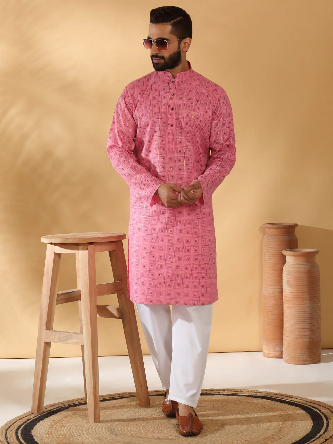Floral Printed Geometric Cotton Blend Straight Kurta With White Elastic Waistband Pyjama Set - Image 7