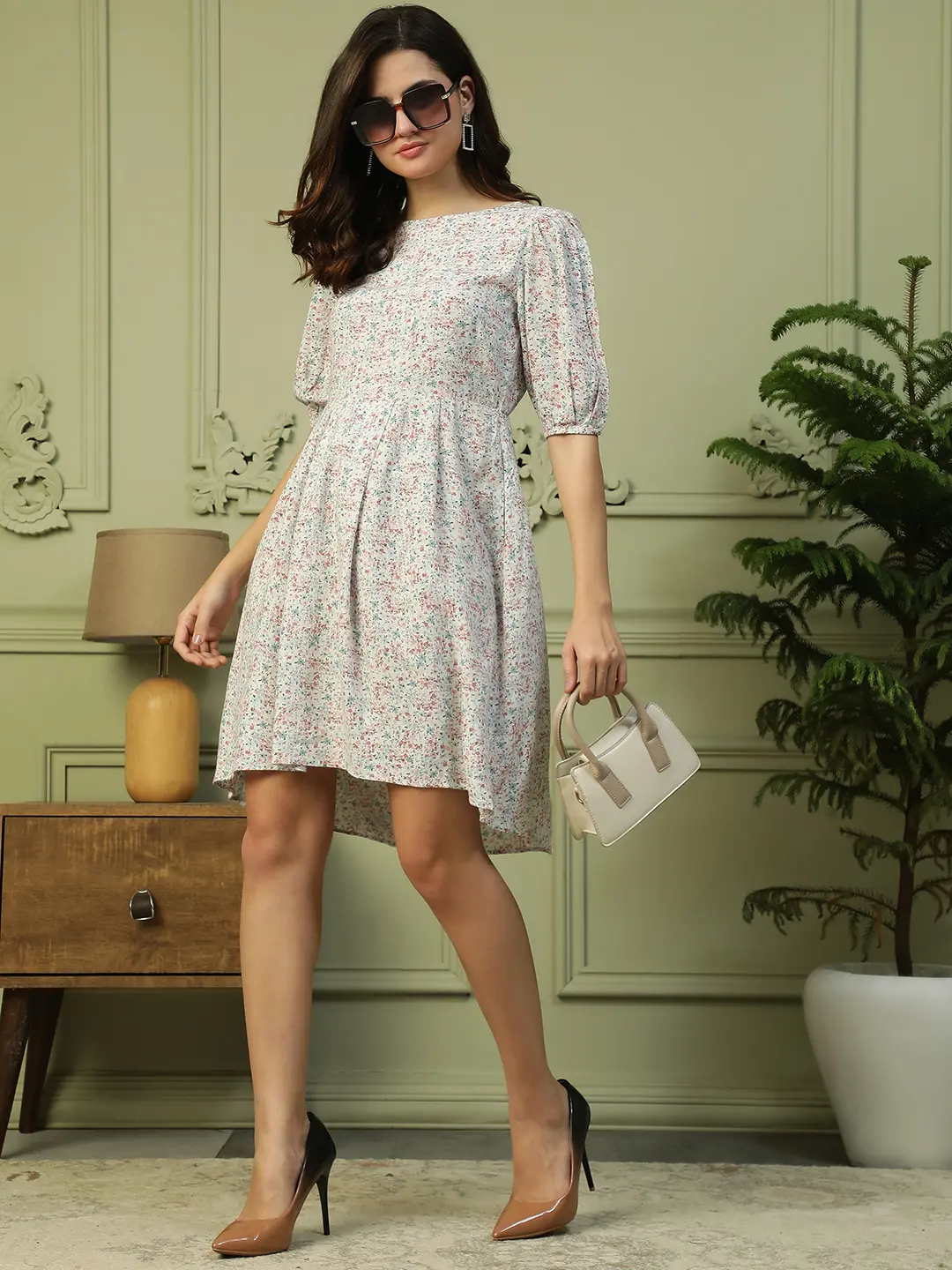 Floral White High Low Cotton Casual Dress for Women - Image 8