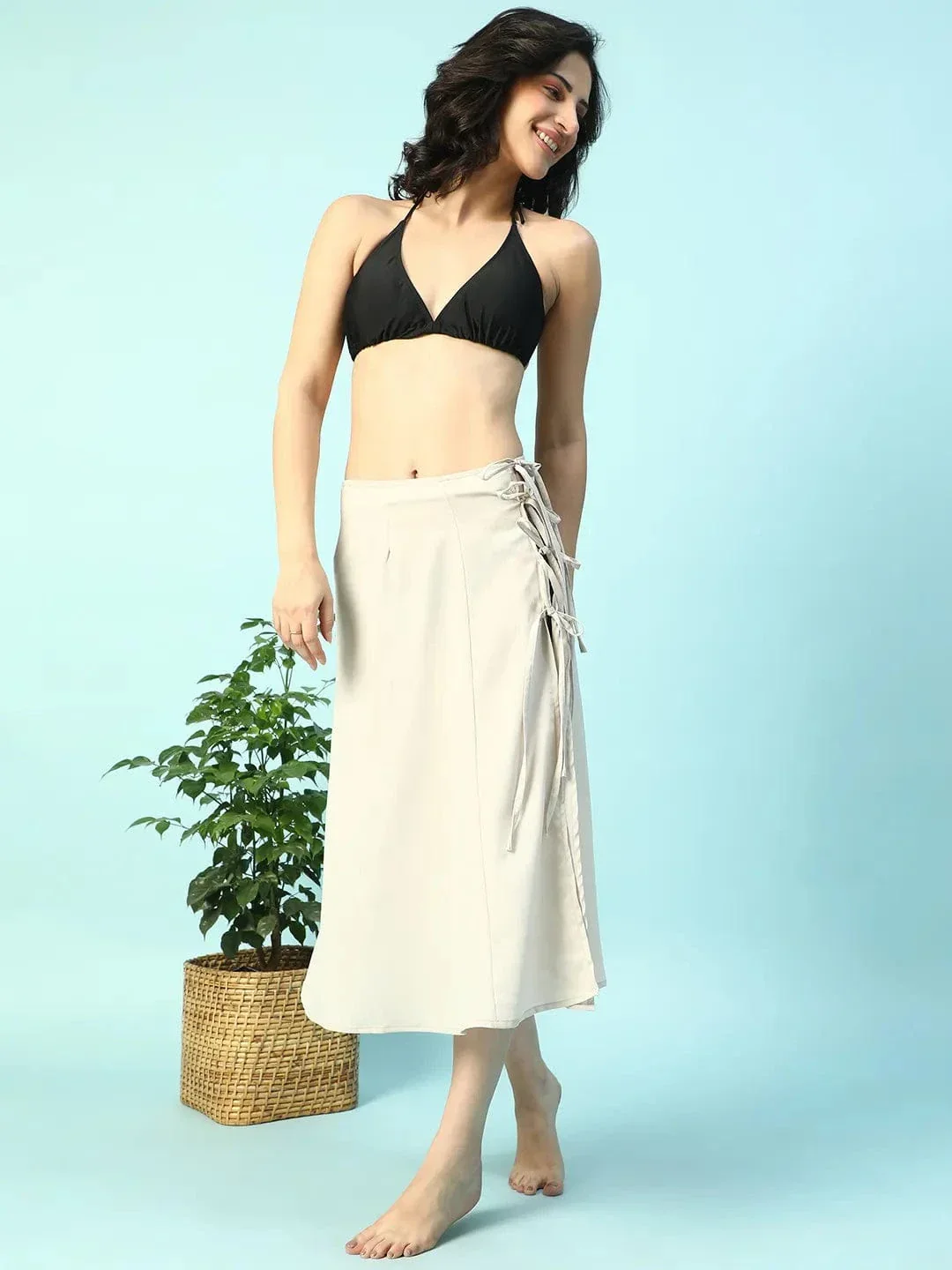 Fluid Beige Elasticated With Tie-Up String Detail Women Beachwear Skirt - Image 2