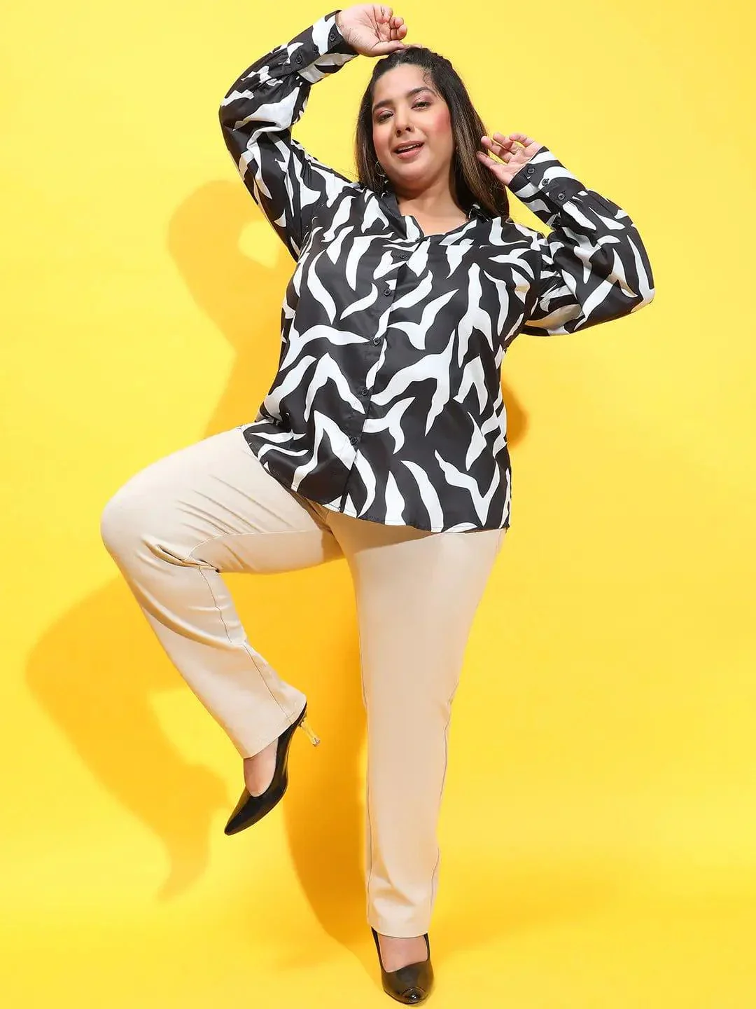 Focused Black Printed Long Sleeve Plus Size Shirt Today - Image 2