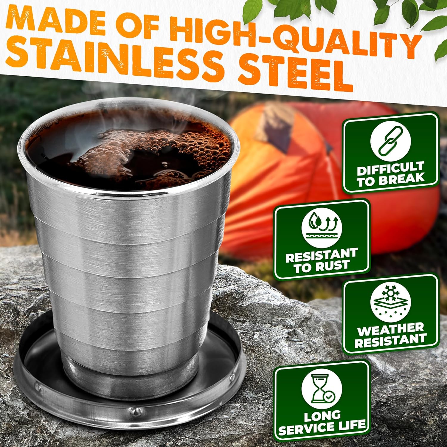 FoldyCup: Stainless Steel Folding Travel Cup with Leak-Proof Lid, Compact & Collapsible Pocket Mug for Camping, Hiking, Trekking & Outdoor Use (75ml) - Image 3