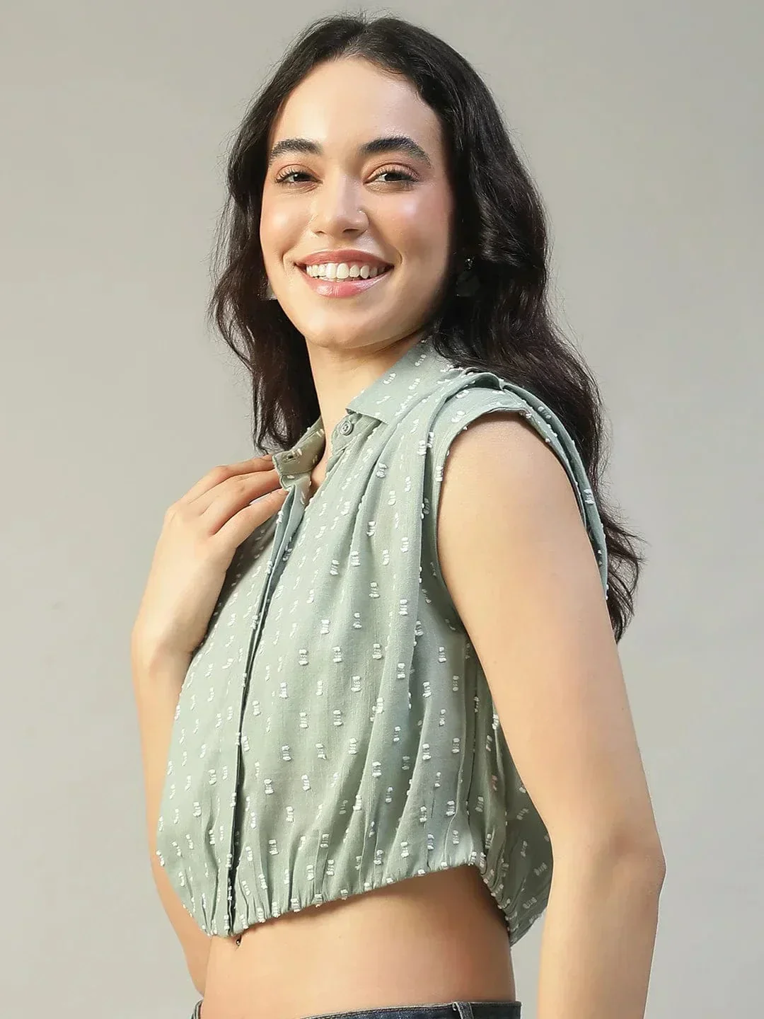 Forth Green Collared Short Sleeve Button Down Yarn Dyed Boota Dobby Women Cotton Crop Shirt - Image 3