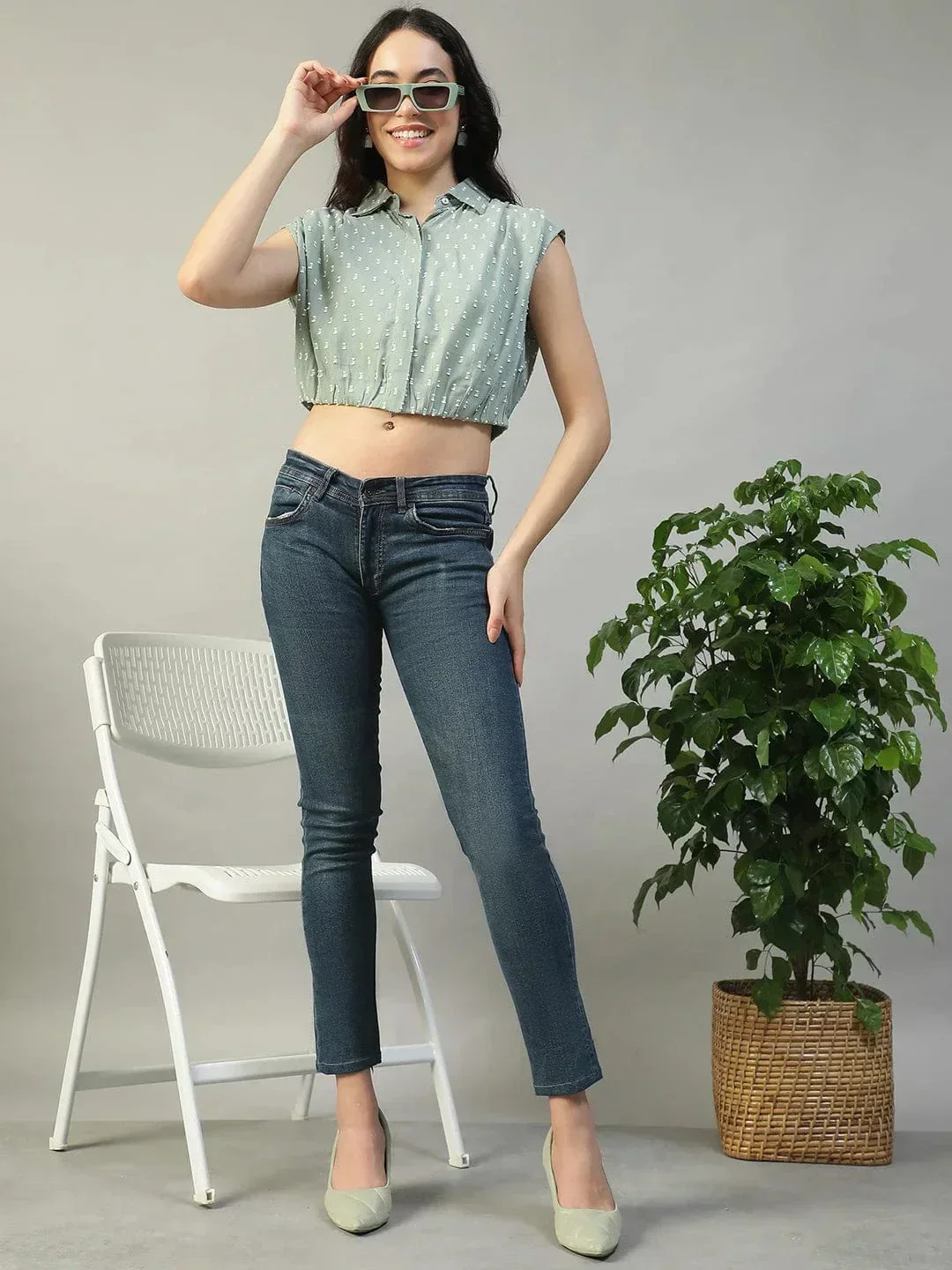 Forth Green Collared Short Sleeve Button Down Yarn Dyed Boota Dobby Women Cotton Crop Shirt - Image 7
