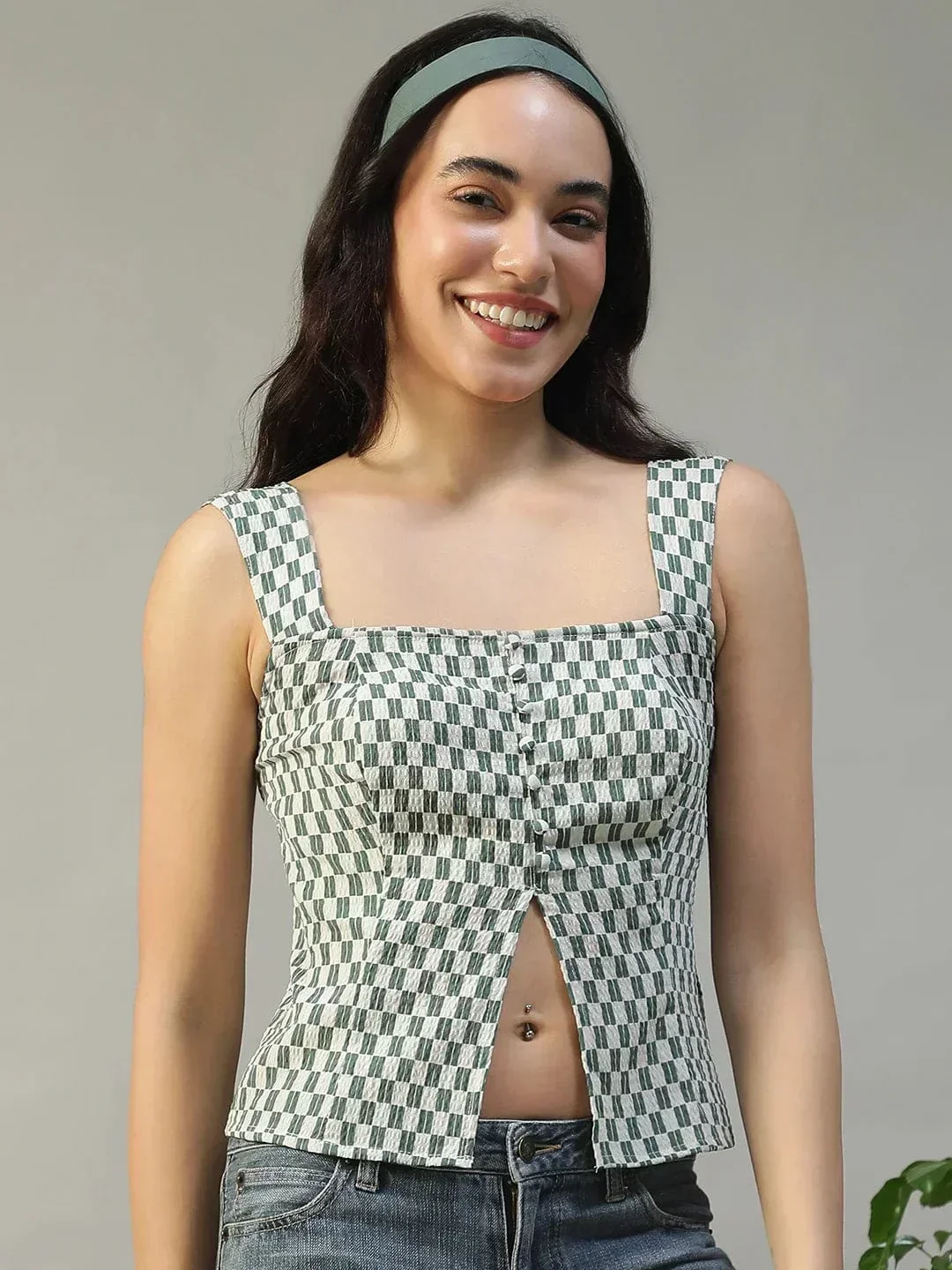 Forward Green Check Print Smocked Button Down Women Seersucker Dobby Top - Image 4