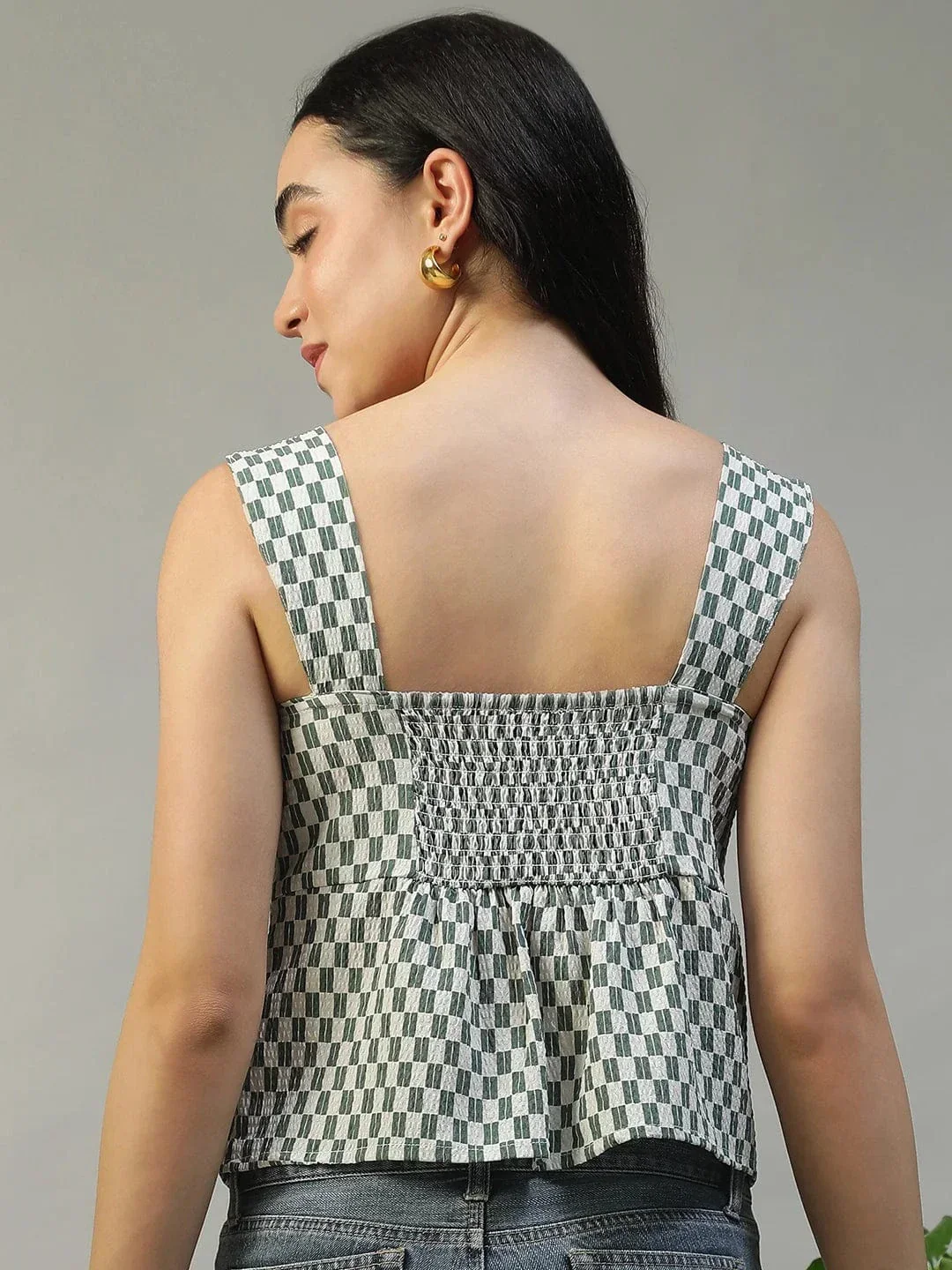 Forward Green Check Print Smocked Button Down Women Seersucker Dobby Top - Image 5