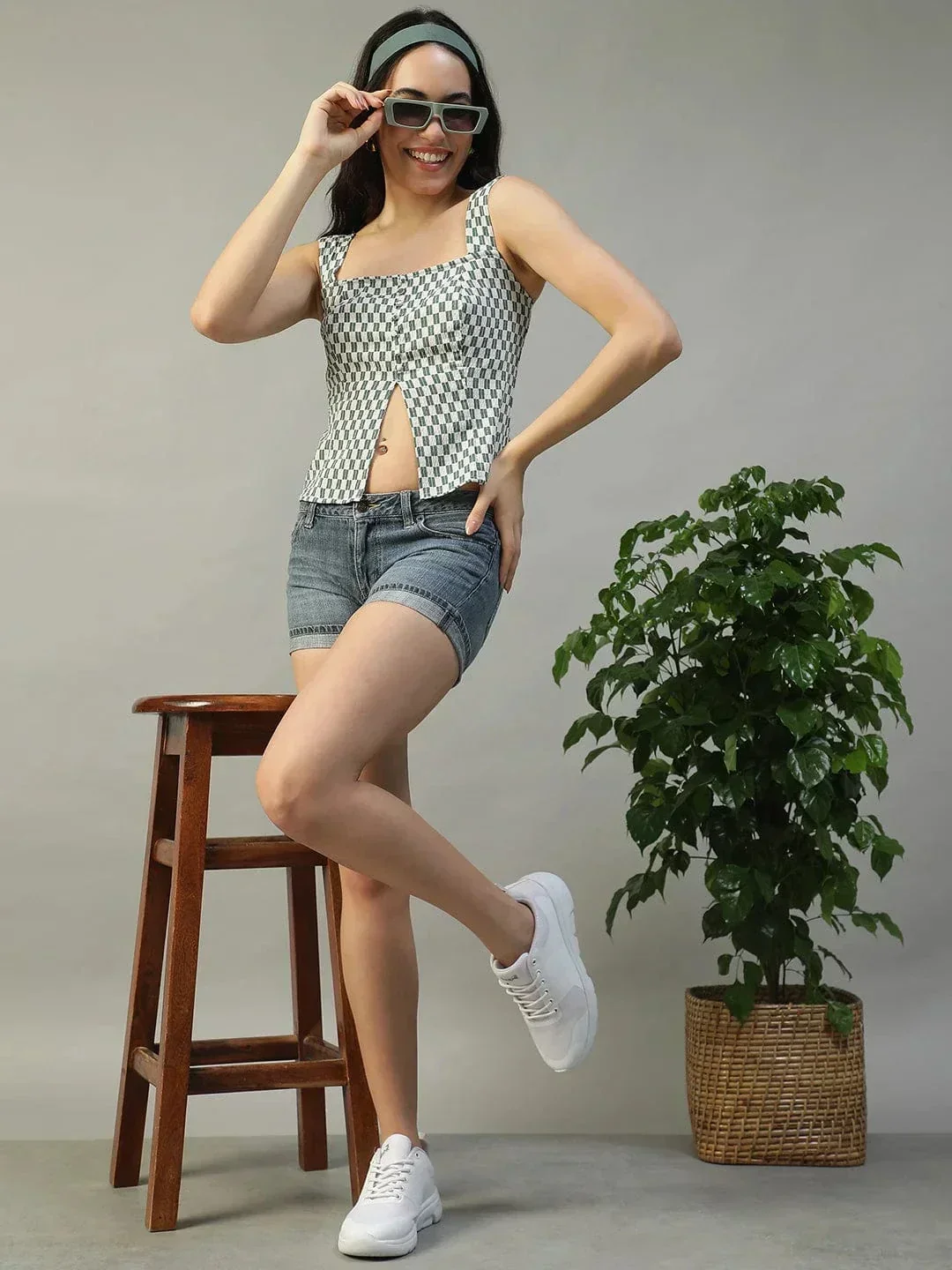 Forward Green Check Print Smocked Button Down Women Seersucker Dobby Top - Image 7