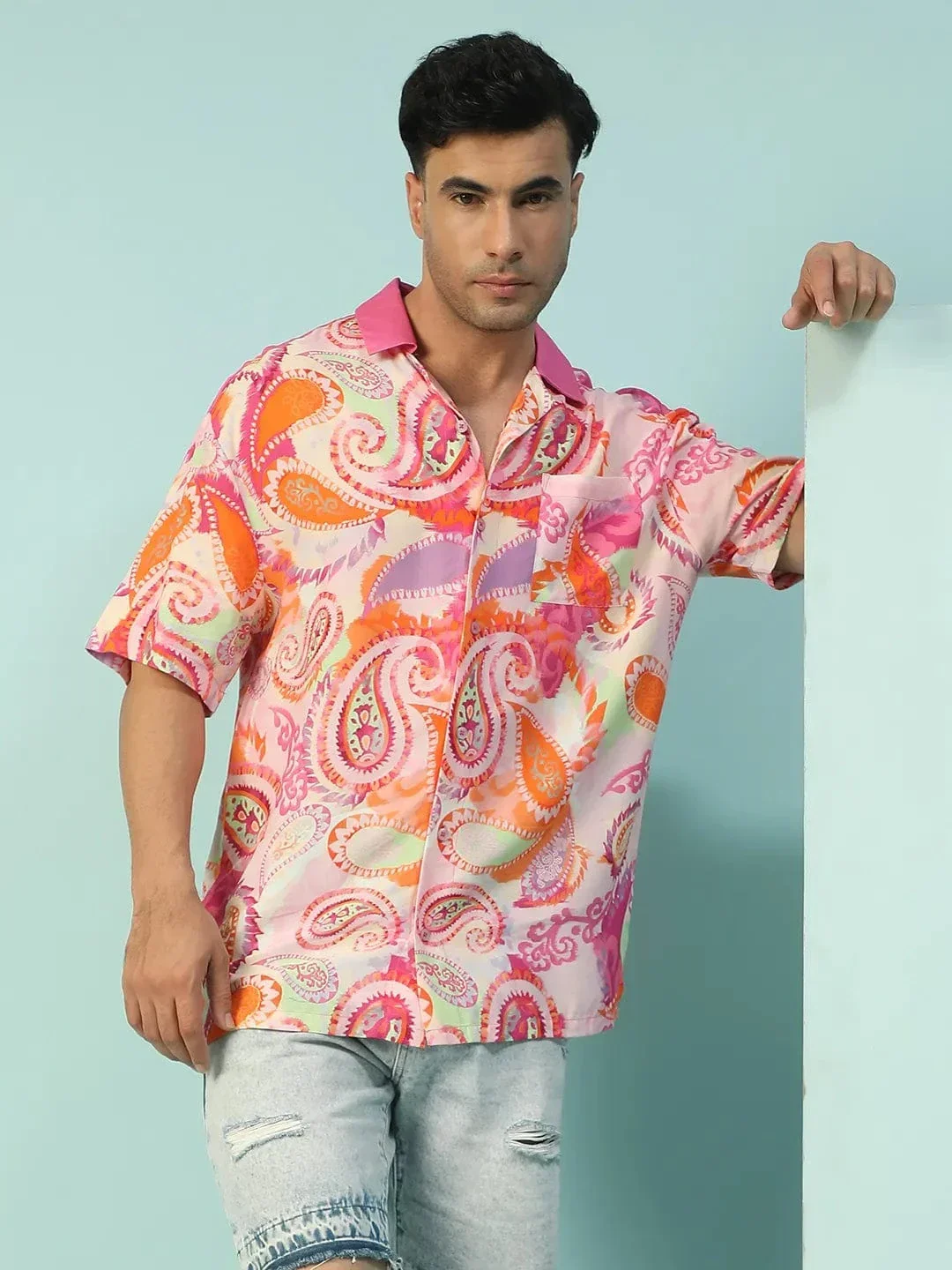 Fresh Paisley Print Multicolor Lapel Collar Short Sleeve Men Oversized Shirt