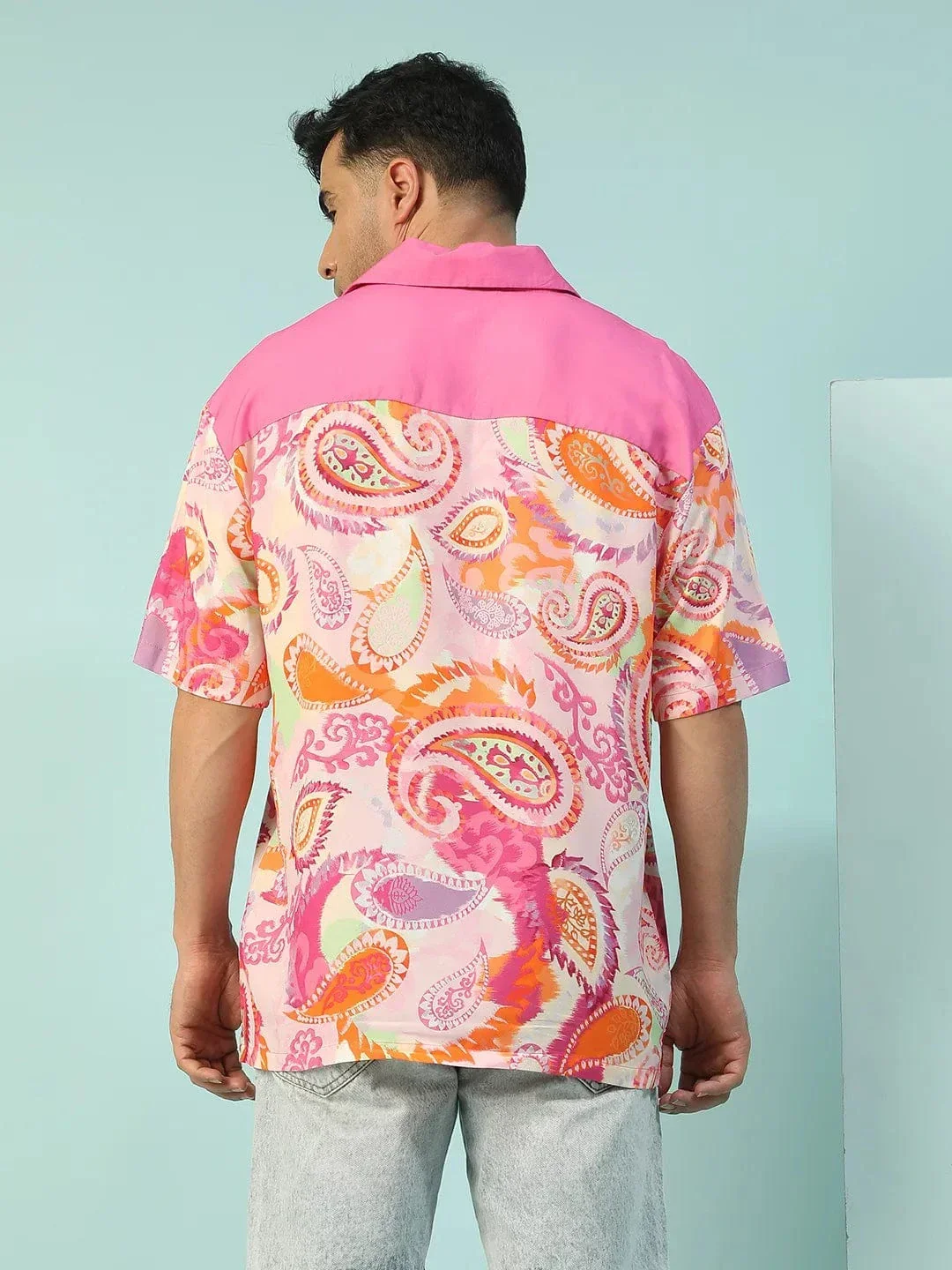 Fresh Paisley Print Multicolor Lapel Collar Short Sleeve Men Oversized Shirt - Image 5