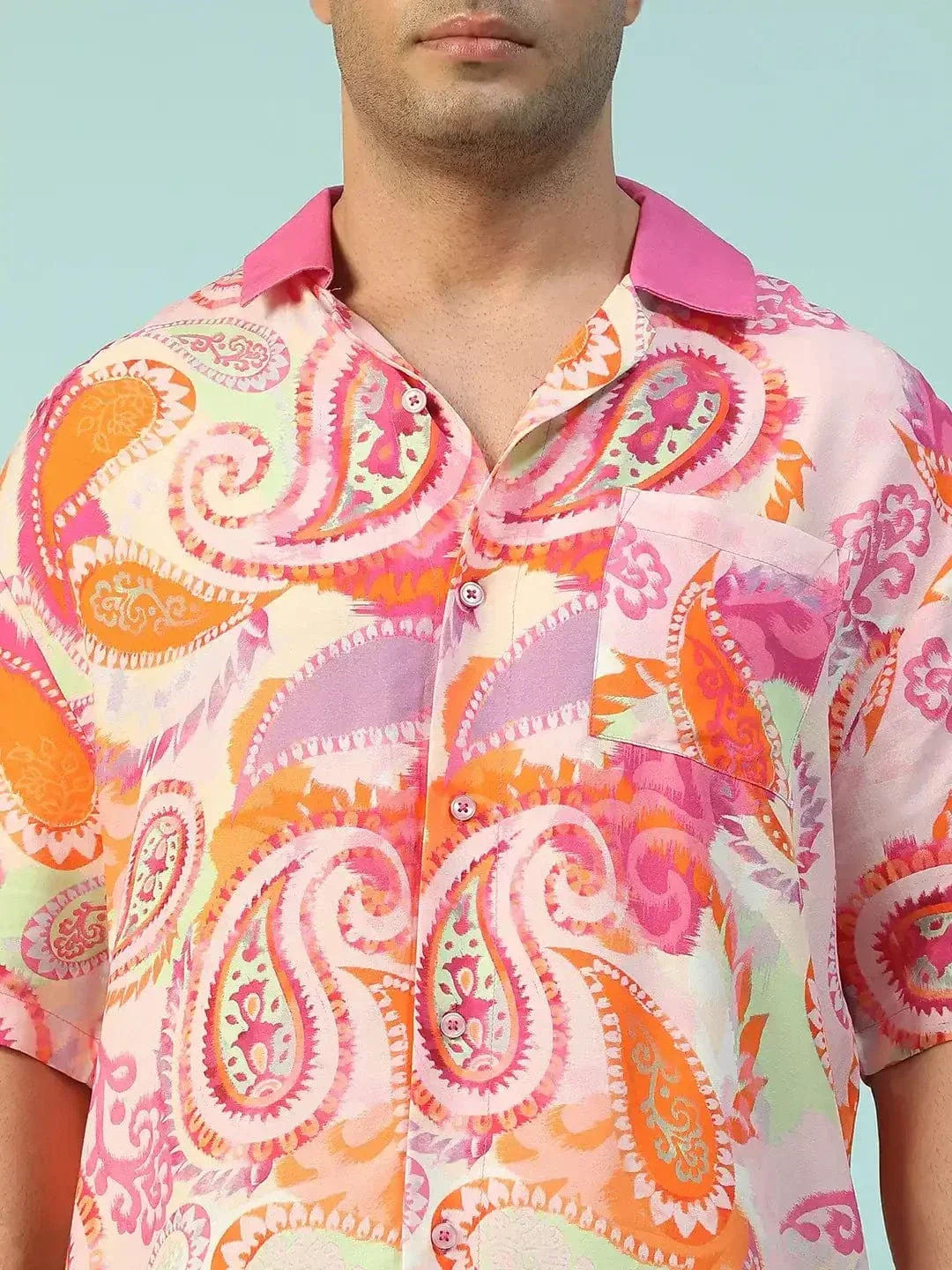 Fresh Paisley Print Multicolor Lapel Collar Short Sleeve Men Oversized Shirt - Image 6