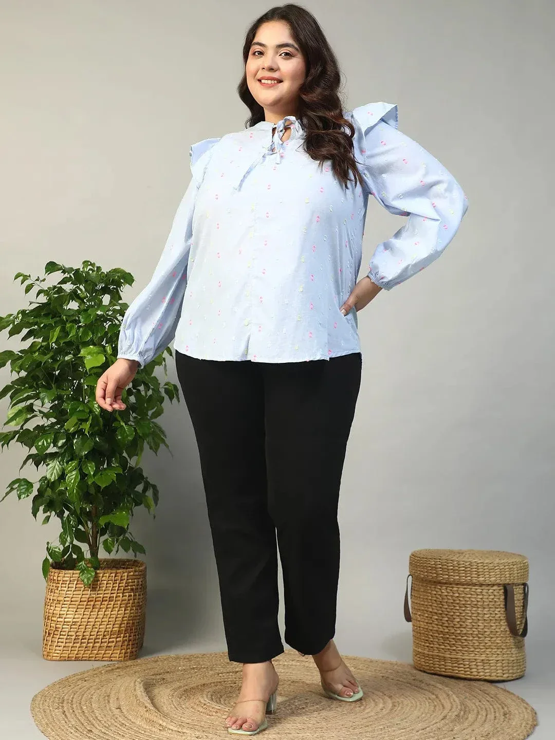 Fresher Blue Round Neck With Tie-Up Detail Long Sleeve Ruffle Flair Plus Size Women Cotton Dobby Top - Image 2