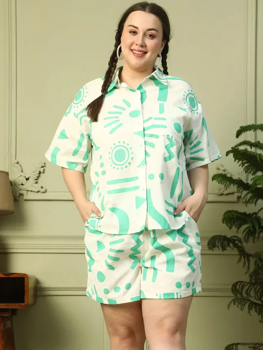Frosted White Printed Shirt & Shorts Plus Size Cotton Co-ord Set
