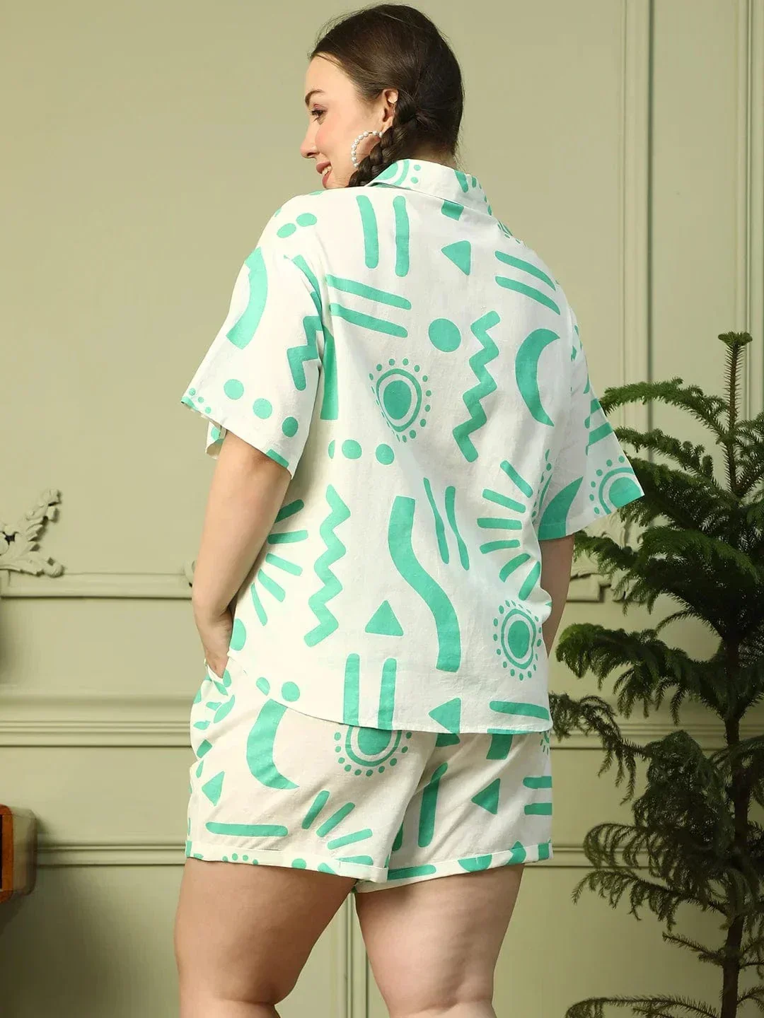 Frosted White Printed Shirt & Shorts Plus Size Cotton Co-ord Set - Image 6