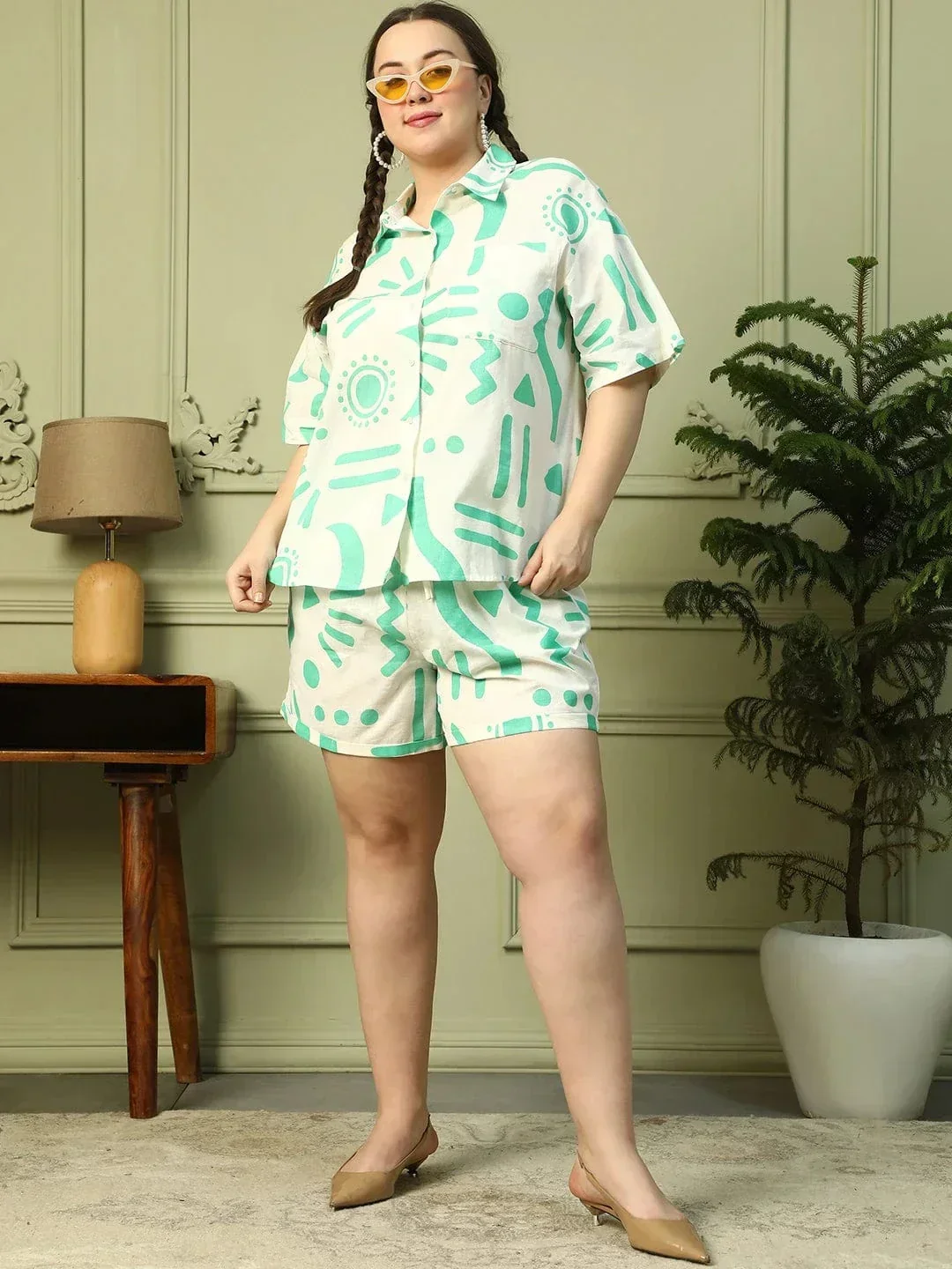 Frosted White Printed Shirt & Shorts Plus Size Cotton Co-ord Set - Image 9