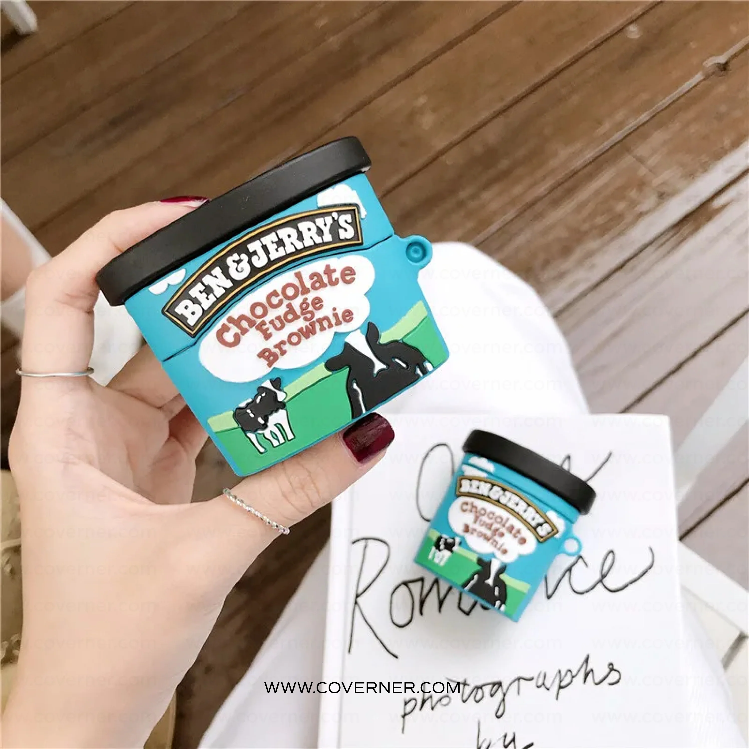 Fudge Brownie Ice Cream AirPods Case – Chocolate Box Style Silicone Cover with Hook by Coverner India - Image 2