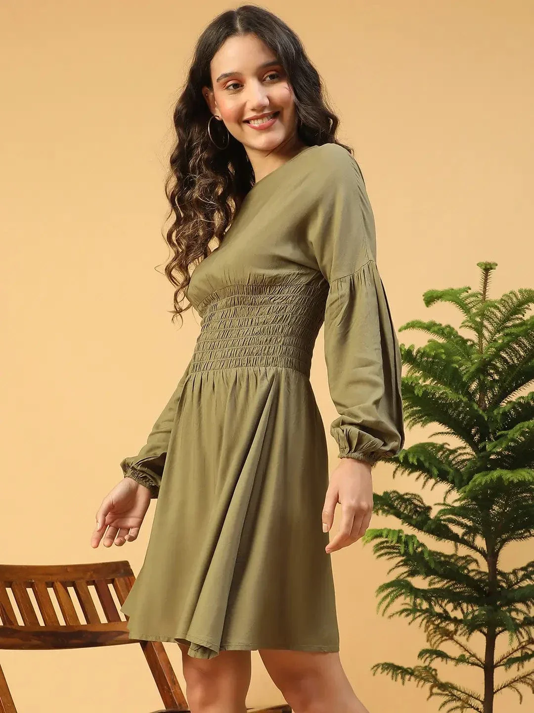 Gallant Green Long Sleeve With Smocking Waist Women Dress - Image 3