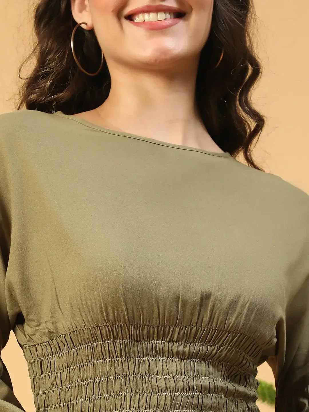 Gallant Green Long Sleeve With Smocking Waist Women Dress - Image 6