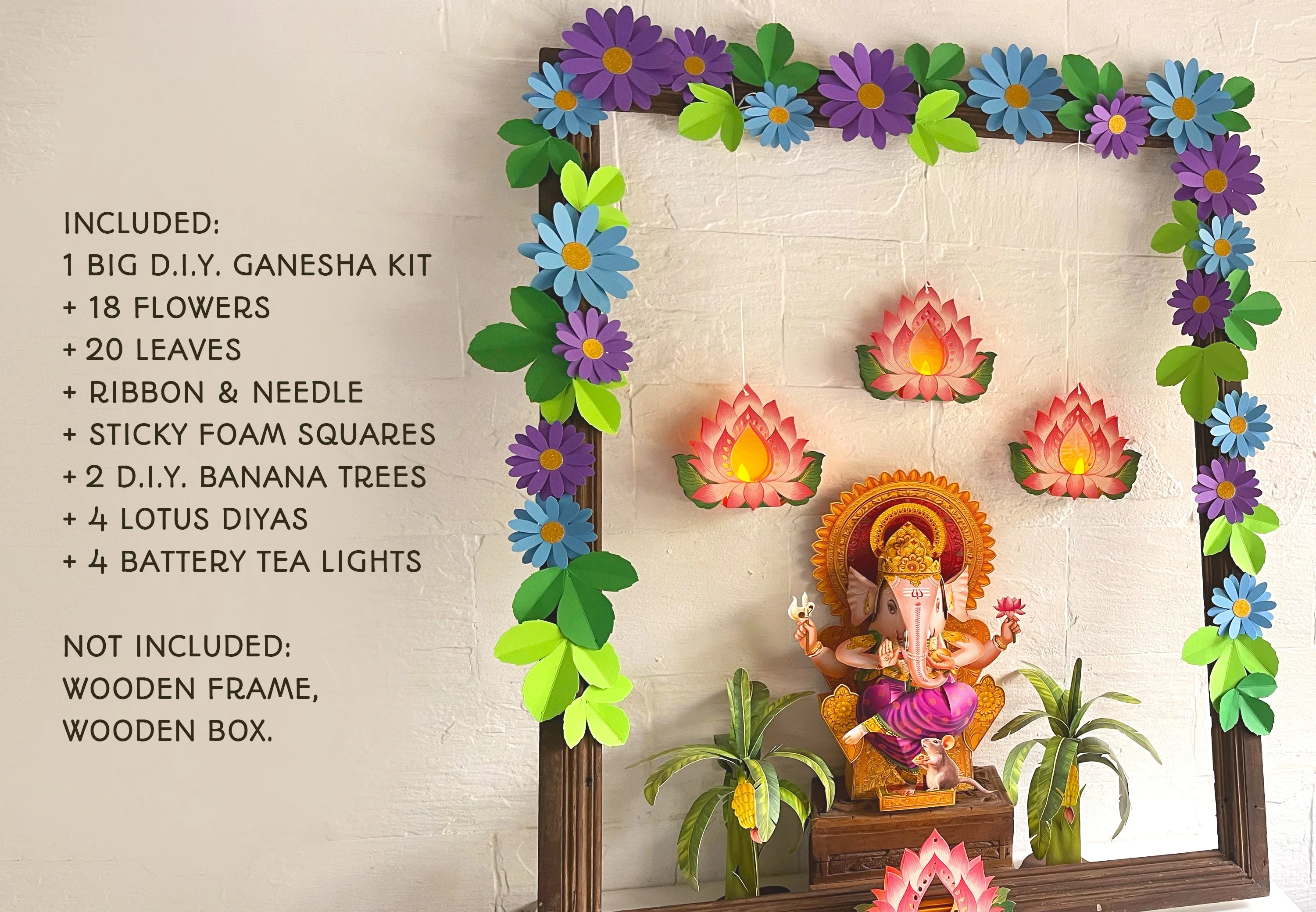 Ganpati Decor Combo Saver 11 - Big Ganesha + 18 Flowers leaves + 2 Banana Trees + 4 Lotus Diyas - Image 2