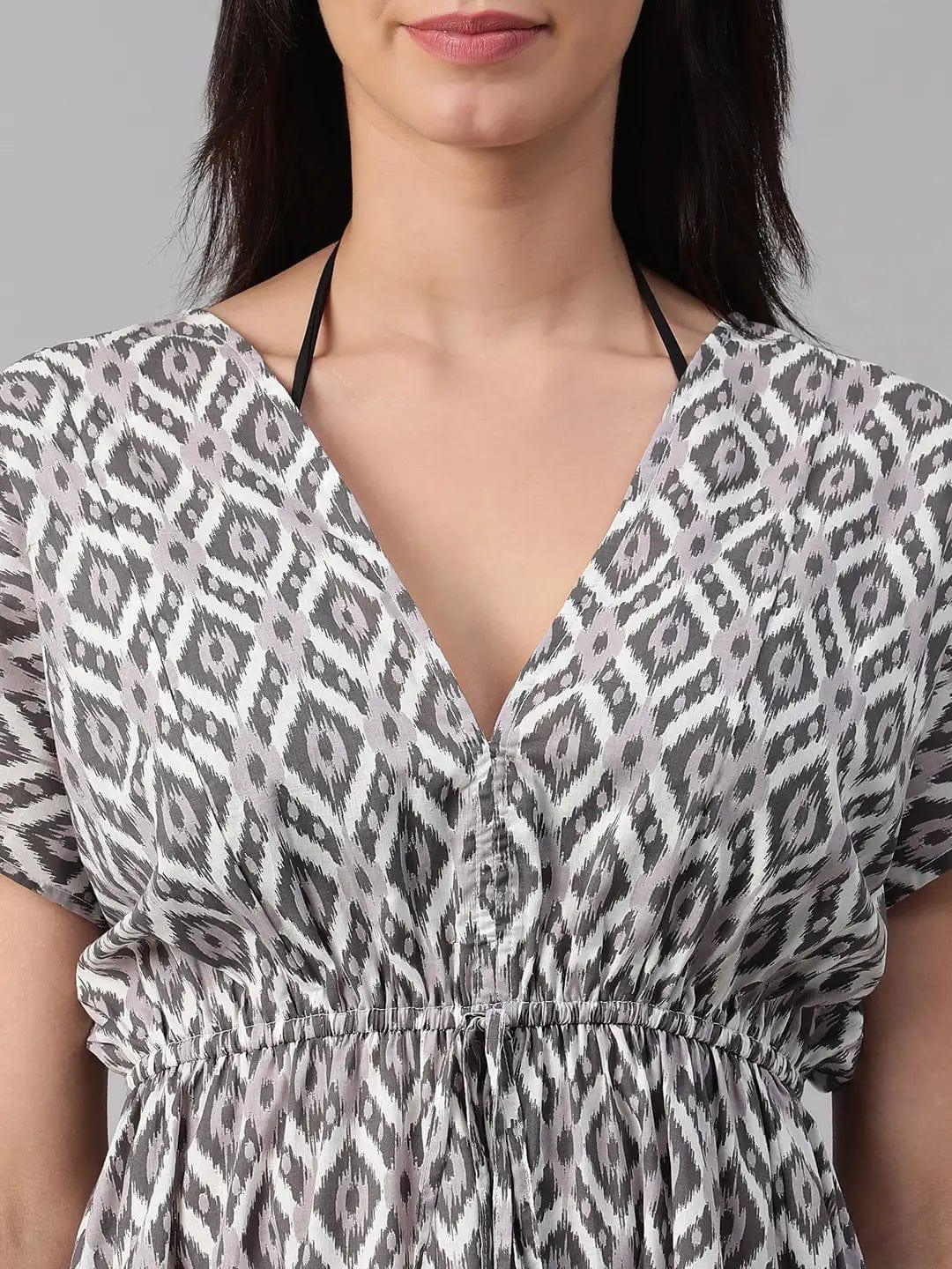 Gazzy Blue Floral Print Elasticated V-Neck Cotton Women Beachwear Kaftan - Image 4